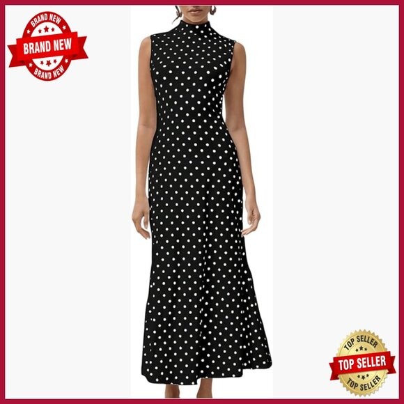 Dresses & Skirts - Maxi Tank Dress Polka Dots Mock Neck Sleeveless Bodycon Mermaid Fishtail